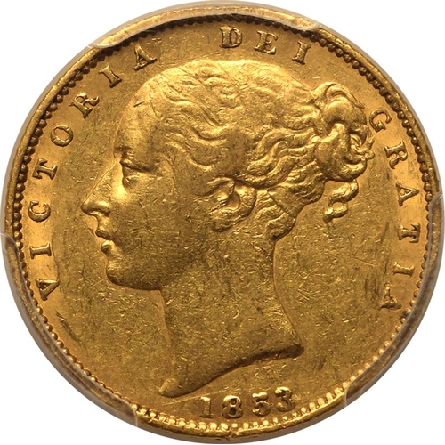 73 - AU53  | UNITED KINGDOM. Victoria, 1837-1901. Gold Sovereign, 1853. London. WW incuse. The WW incuse ... 