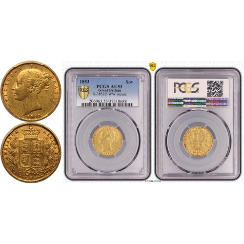 73 - AU53  | UNITED KINGDOM. Victoria, 1837-1901. Gold Sovereign, 1853. London. WW incuse. The WW incuse ... 