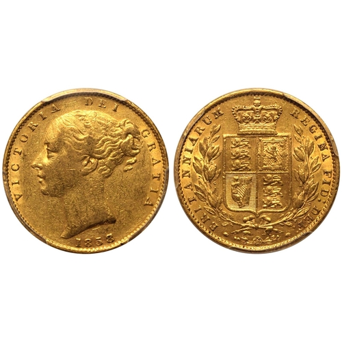 76 - AU53  | UNITED KINGDOM. Victoria, 1837-1901. Gold Sovereign, 1858/7. London. 8 over 7. Second young ... 