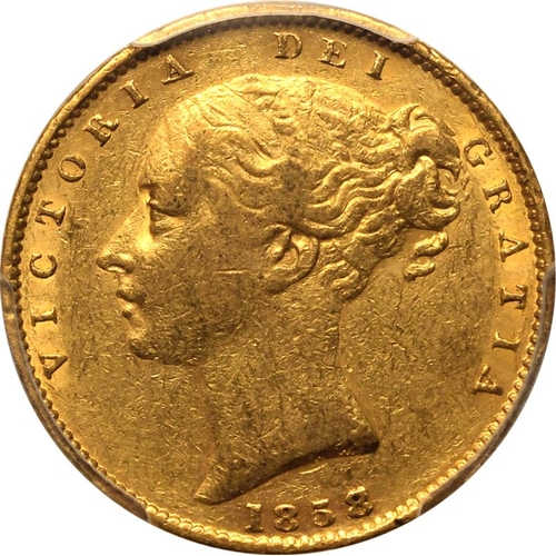 76 - AU53  | UNITED KINGDOM. Victoria, 1837-1901. Gold Sovereign, 1858/7. London. 8 over 7. Second young ... 