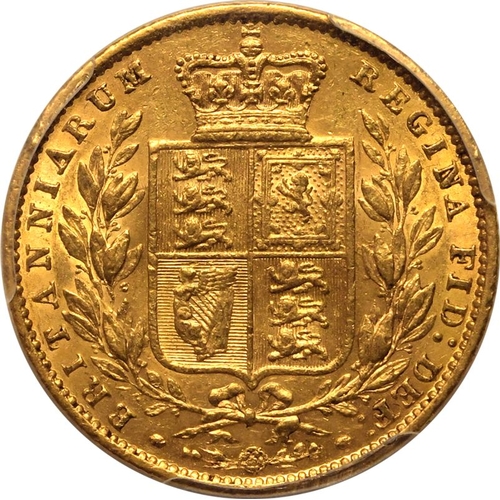 76 - AU53  | UNITED KINGDOM. Victoria, 1837-1901. Gold Sovereign, 1858/7. London. 8 over 7. Second young ... 