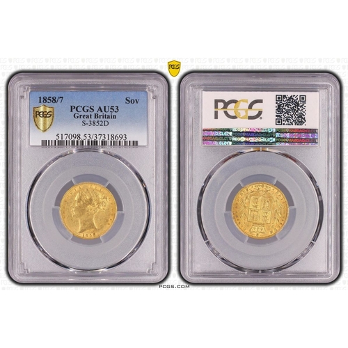 76 - AU53  | UNITED KINGDOM. Victoria, 1837-1901. Gold Sovereign, 1858/7. London. 8 over 7. Second young ... 