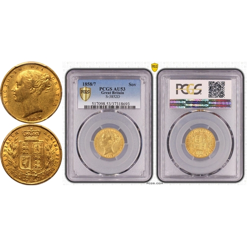 76 - AU53  | UNITED KINGDOM. Victoria, 1837-1901. Gold Sovereign, 1858/7. London. 8 over 7. Second young ... 