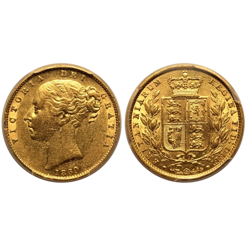 79 - AU50  | UNITED KINGDOM. Victoria, 1837-1901. Gold Sovereign, 1860. London. Large 0. Second young hea... 