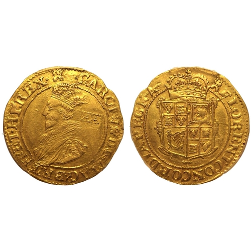 8 - AU55  | ENGLAND. Charles I, 1625-49. Gold Unite, ND (1627-28). Tower Mint. Castle 71. Second crowned... 