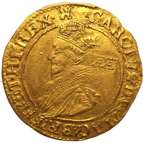 8 - AU55  | ENGLAND. Charles I, 1625-49. Gold Unite, ND (1627-28). Tower Mint. Castle 71. Second crowned... 