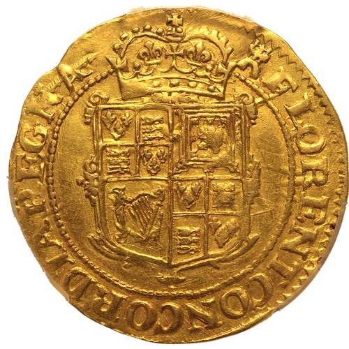 8 - AU55  | ENGLAND. Charles I, 1625-49. Gold Unite, ND (1627-28). Tower Mint. Castle 71. Second crowned... 