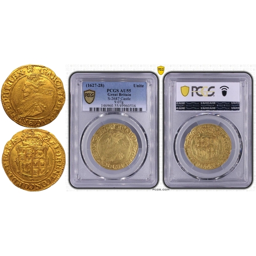 8 - AU55  | ENGLAND. Charles I, 1625-49. Gold Unite, ND (1627-28). Tower Mint. Castle 71. Second crowned... 