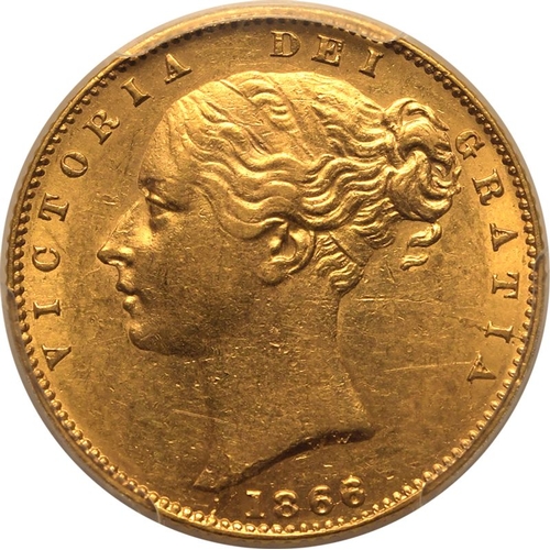 82 - AU58  | UNITED KINGDOM. Victoria, 1837-1901. Gold Sovereign, 1866/5. London. 6 Over 5. Second young ... 