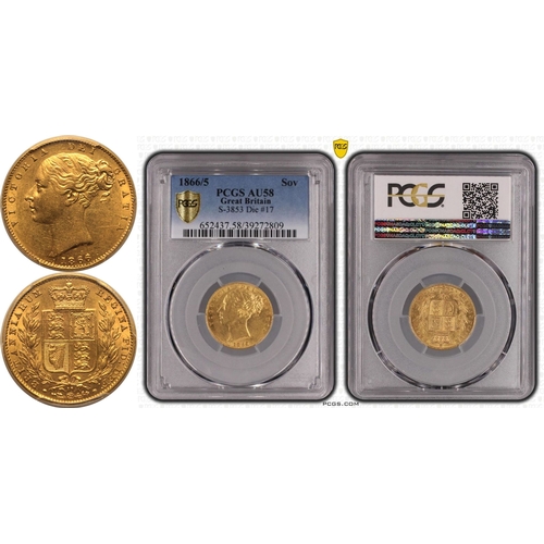 82 - AU58  | UNITED KINGDOM. Victoria, 1837-1901. Gold Sovereign, 1866/5. London. 6 Over 5. Second young ... 