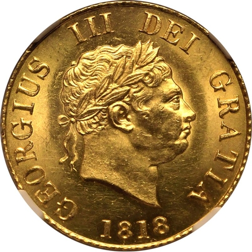 91 - MS 63+ | UNITED KINGDOM. George III, 1760-1820. Gold Half-Sovereign, 1818. London. Laureate head rig... 