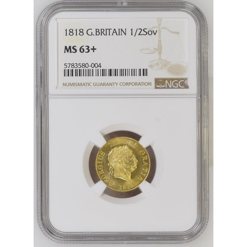 91 - MS 63+ | UNITED KINGDOM. George III, 1760-1820. Gold Half-Sovereign, 1818. London. Laureate head rig... 