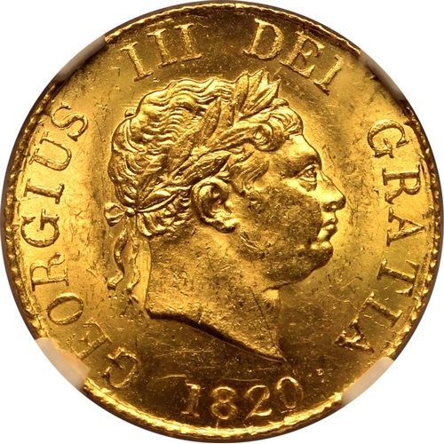 92 - MS 62 | UNITED KINGDOM. George III, 1760-1820. Gold Half-Sovereign, 1820. London. Laureate head righ... 