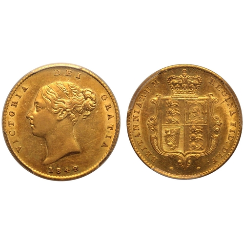 95 - AU58  | UNITED KINGDOM. Victoria, 1837-1901. Gold Half-Sovereign, 1842. London. First small young he... 