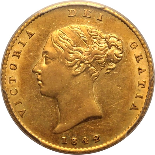 95 - AU58  | UNITED KINGDOM. Victoria, 1837-1901. Gold Half-Sovereign, 1842. London. First small young he... 