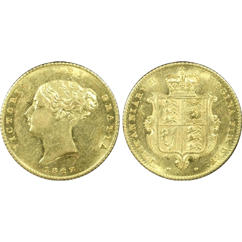 95 - AU58  | UNITED KINGDOM. Victoria, 1837-1901. Gold Half-Sovereign, 1842. London. First small young he... 