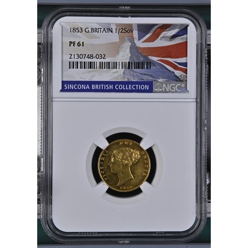 96 - PF 61 | UNITED KINGDOM. Victoria, 1837-1901. Gold Half-Sovereign, 1853. London. Proof Small date. Fi... 