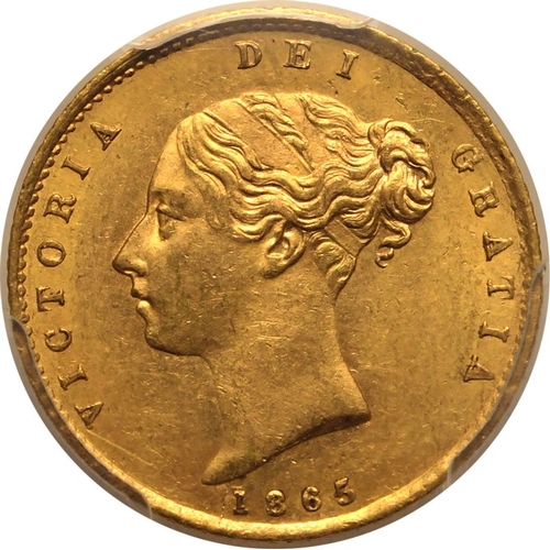 97 - MS63  | UNITED KINGDOM. Victoria, 1837-1901. Gold Half-Sovereign, 1865. London. Second young head of... 