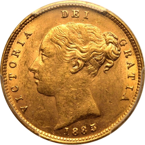 99 - MS62  | UNITED KINGDOM. Victoria, 1837-1901. Gold Half-Sovereign, 1885/3. London. 5 over 3. Fifth yo... 