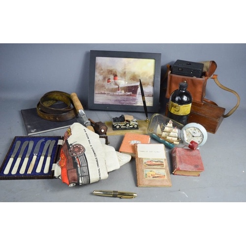 112 - A quantity of vintage items, to include a ship in a bottle, knife set, camera and Westclox clock.
