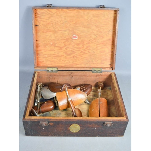 113 - A selection of vintage shoe stretchers in a wooden box.