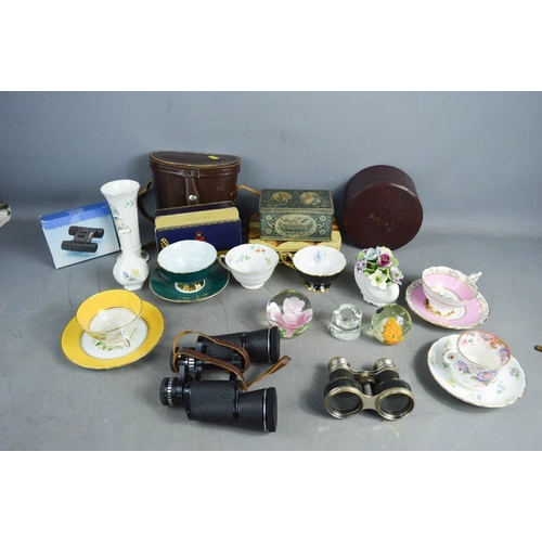 120 - A group of boxes including an antique collar box and two pairs of binoculars.