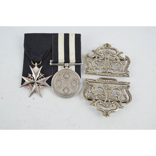 53 - A King Crown WWII St Johns Ambulance Court mounted medal, together with a silver plated nurses belt ... 