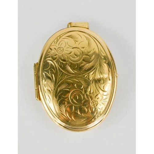 104 - A 9ct gold oval pendant photograph locket, with chased decoration, 8.7g.