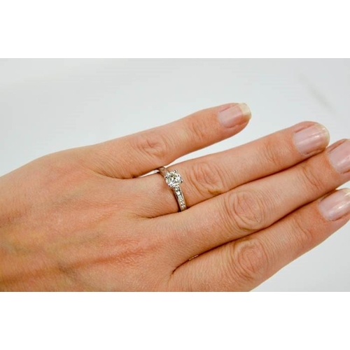 105 - A platinum and diamond ring, the central diamond approximately 0.7ct, bordered by 0.25ct diamonds in... 