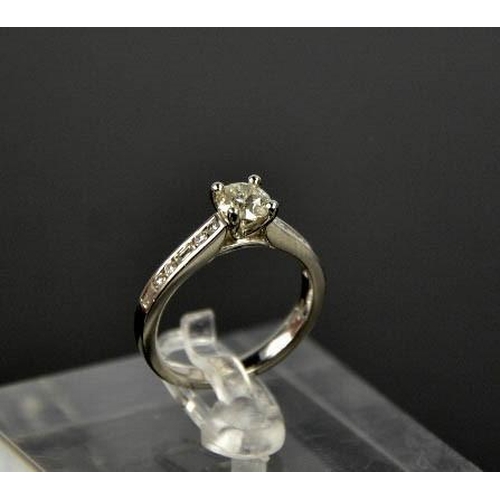 105 - A platinum and diamond ring, the central diamond approximately 0.7ct, bordered by 0.25ct diamonds in... 
