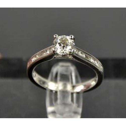 105 - A platinum and diamond ring, the central diamond approximately 0.7ct, bordered by 0.25ct diamonds in... 