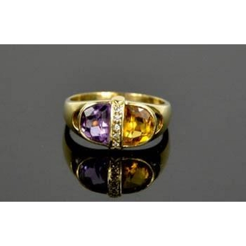 114 - A 14ct yellow gold, amethyst, diamond, and citrine ring, contemporary design, size R, 4.1g.