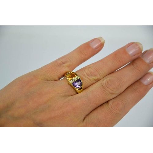 114 - A 14ct yellow gold, amethyst, diamond, and citrine ring, contemporary design, size R, 4.1g.
