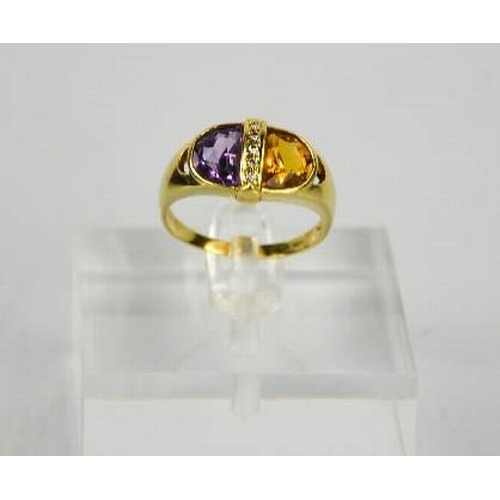 114 - A 14ct yellow gold, amethyst, diamond, and citrine ring, contemporary design, size R, 4.1g.
