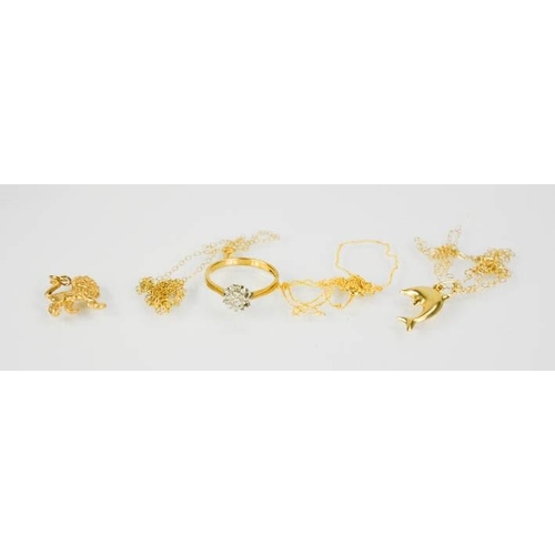 80 - A 9ct gold necklace with dolphin form pendant, a 9ct gold and diamond cluster ring, size M, two 9ct ... 