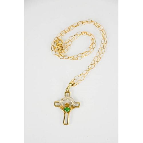 97 - A 9ct gold, diamond and emerald cruciform pendant and 9ct gold chain, 3.4g.