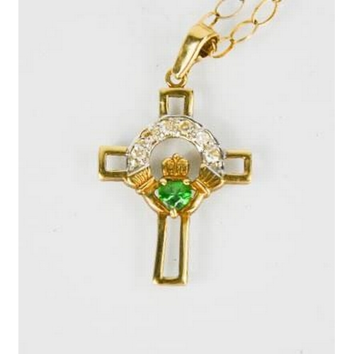 97 - A 9ct gold, diamond and emerald cruciform pendant and 9ct gold chain, 3.4g.