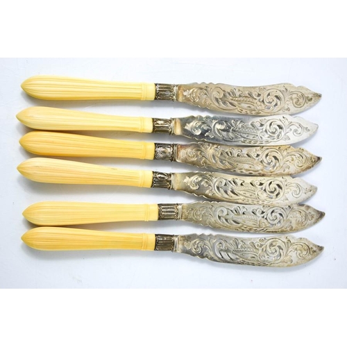 15 - A set of six silver fish knives with bone handles, the knives engraved with fish.
