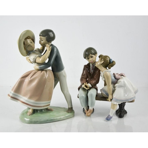 116 - A Lladro porcelain figure group titled Stolen Kiss, and Ten and Growing; boy and girl kissing on a b... 