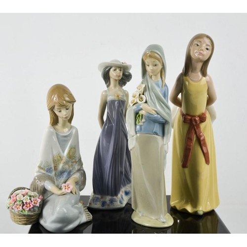 118 - Four Lladro figurines, one of seated lady with basket of flowers, with box.