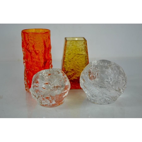 273 - Four examples of mid century Whitefriars style glassware, two orange vases and two boulder form cand... 