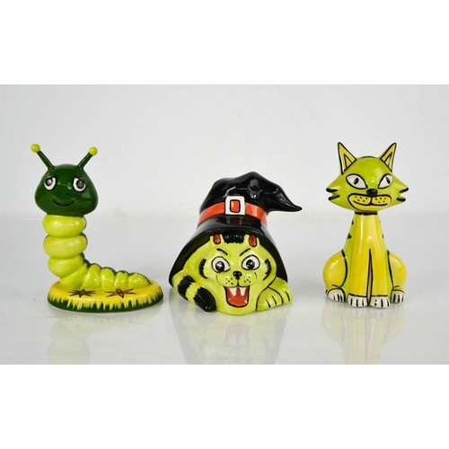 29 - Three Lorna Bailey pottery figures: caterpillar, cat and a cat wearing a witches hat.