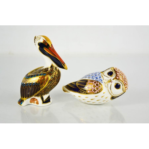 43 - A Royal Crown Derby Brown Pelican and and owl, 13cm long.