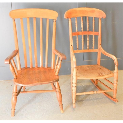 668 - A 19th century elm slat back Windsor chair together with a pine rocking chair, height of both chairs... 