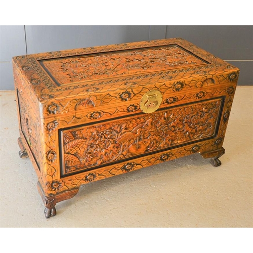 671 - A Chinese carved blanket box, landscape and Crane carving to central panel, 60cm by 100cm by 52cm