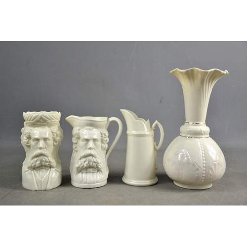 103 - A group of white porcelain to include a Royal Doulton jug, a Belleek vase and a character jug and va... 