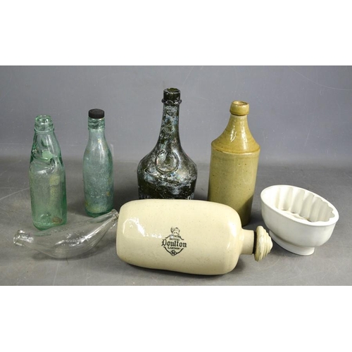 129 - A group of Victorian glass and pottery to include jelly mould, hot water bottle, feeder and other it... 