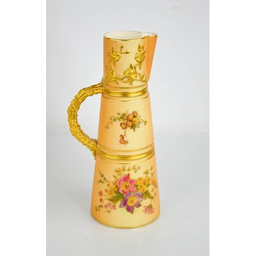 15 - A Royal Worcester tusk jug painted with panels of flowers with gilded bark handle and spout, circa 1... 