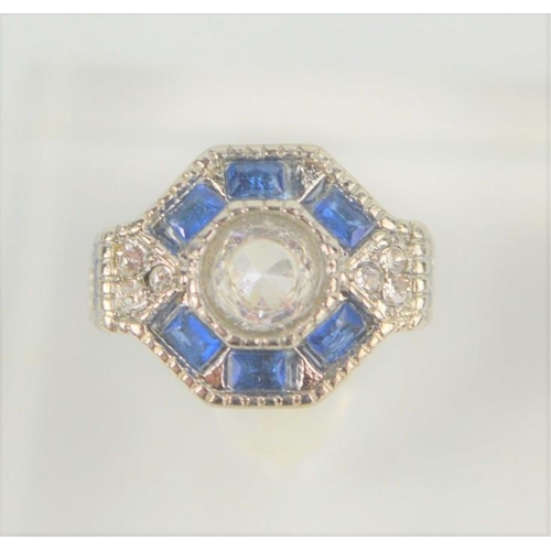 160 - A large blue hexagon Art Deco dress ring, size L, 6.42g