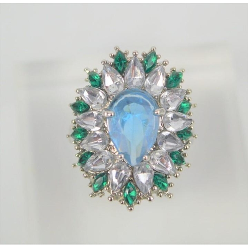 162 - A large blue, white and green flower Art Deco style ring, size L, 7g